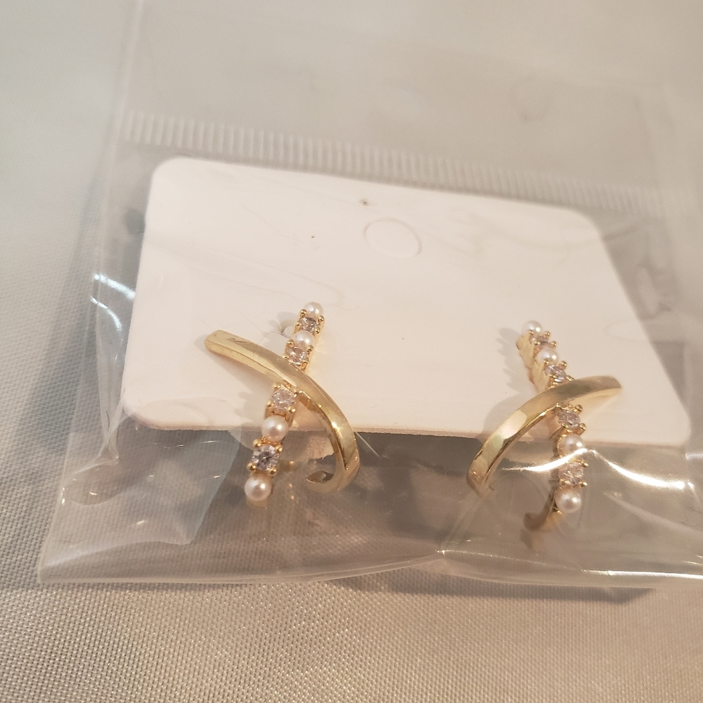 Gold Cross X Shape Pearl Diamond Rhinestone Earrings